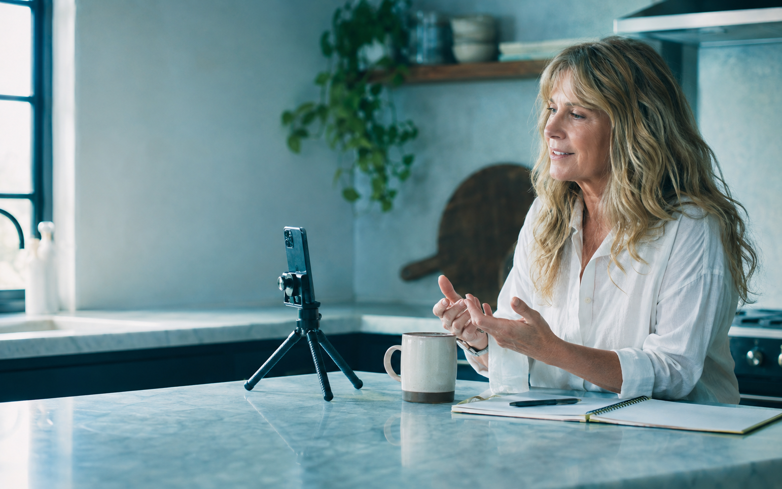 A creator filming a video in her kitchen